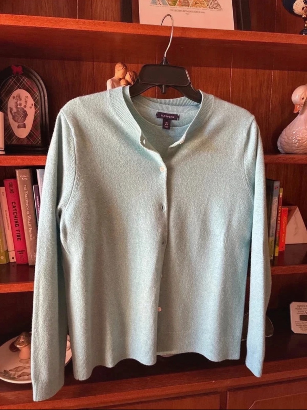 Lands' End 100% Cashmere Aqua/Mint Shortsleeved Crewneck & matching Cardigan